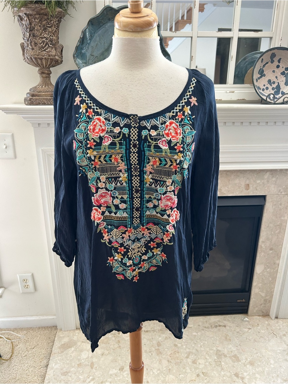 Johnny Was Navy Embroidered Floral Bohemian Tunic